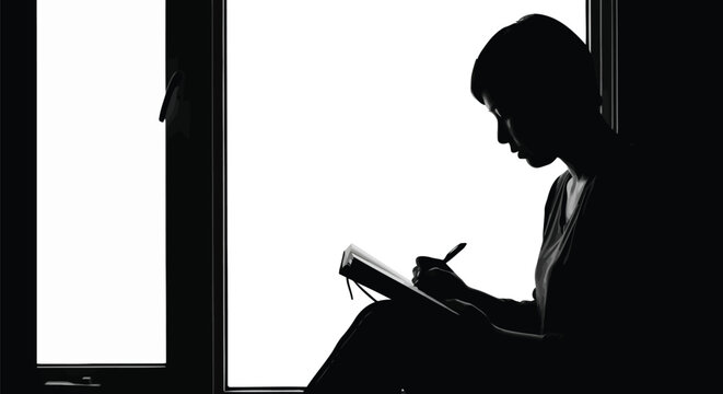 Contemplative young woman writing in journal by window with natural light, silhouette style