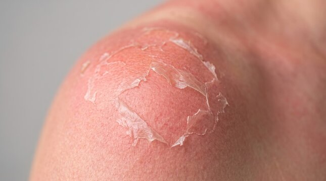 Close up of severe sunburn with peeling epidermis skin on shoulder