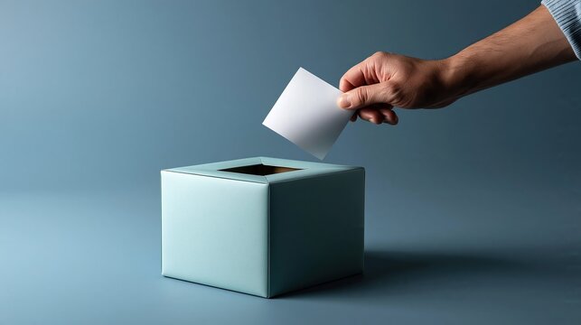 Adult hand putting blank ballot paper into light blue square ballot box against plain light blue background for democratic election concept