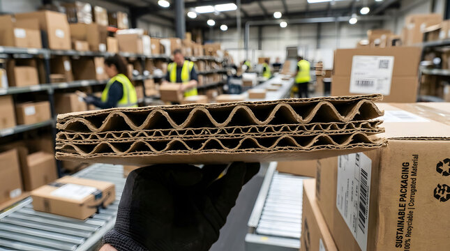 corrugated cardboard layers held by a worker in a warehouse setting