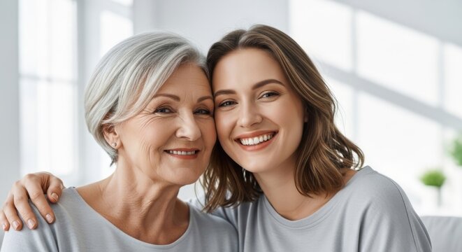 Senior woman and young woman hugging. Family portrait of grandmother and granddaughter sharing happy moment. Concept of multi-generational love, connection, support and kindness.