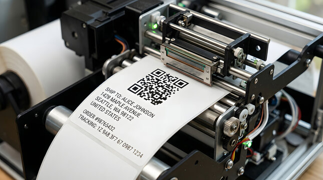label printer printing shipping label with qr code and address close up