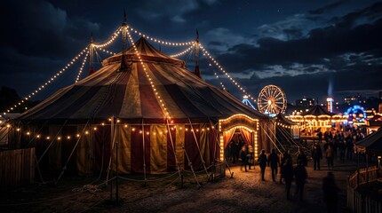 Fototapeta premium A vibrant circus tent illuminated by colorful lights at night, creating a festive atmosphere.