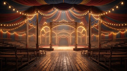 Obraz premium A vibrant circus tent illuminated by strings of lights, inviting wonder and excitement.