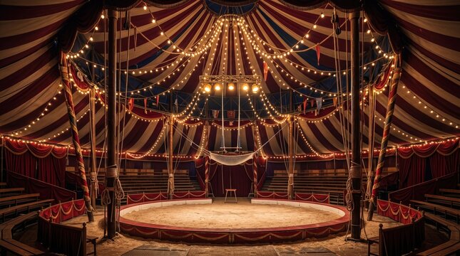 Captivating view inside circus tent with garlands magical concept. A vibrant circus tent with colorful lights and decorations, creating a festive atmosphere.