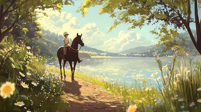 Young rider on a dandy horse gliding along a serene lakeside path surrounded by tall grass and wildflowers The rustic beauty of the landscape enhances the timeless charm of the vehicle