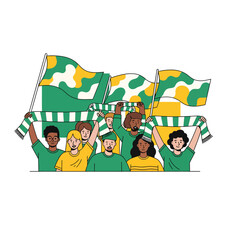 Fototapeta premium Clean vector illustration of diverse sports fans cheering with flags and scarves, group of football supporters in green and yellow colors