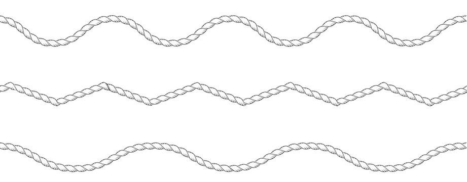 Seamless pattern of nautical or western rope for brush, cord, border. Decorative wavy and zig zag lines. Set of seamless marine cable elements for sailor design. Vector vintage sailor braid for frames
