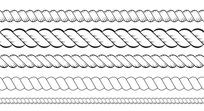 Rope string seamless patterns. Set of western decorative cables for frames. Nautical, marine, cowboy, knit cords. Simple sailor-inspired border designs. Braid brush borders
