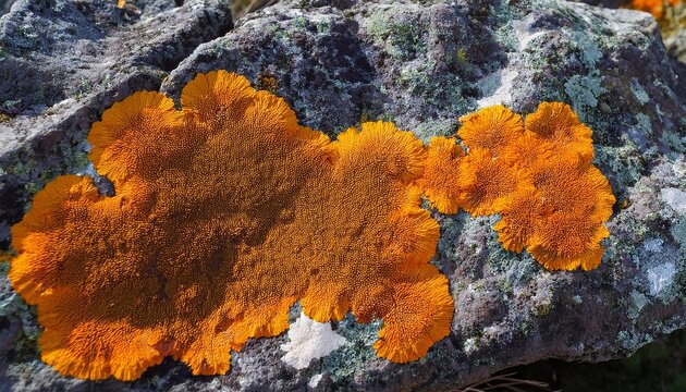 Vibrant Orange Lichen Growth On Rugged Gray Rock Surface In Nature