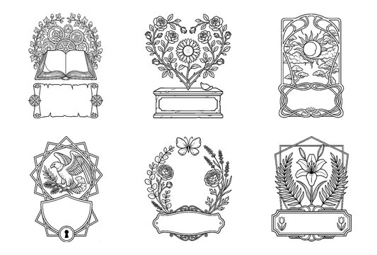 Floral Logo Set - Steampunk Book Sunflower Rose Sun Eagle Butterfly Lily Botanical Line Art Vector for Flower Shop