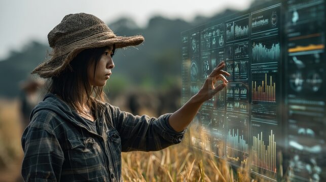 Asian female farmer touching a virtual screen, analyzing soil quality data and ph level charts overlay, agritech innovation concept 
