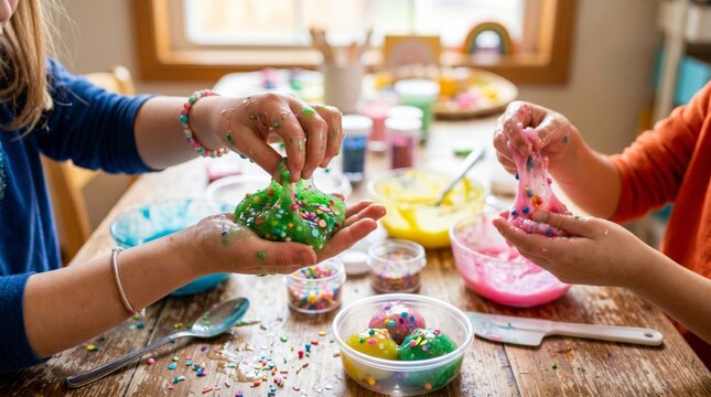 Girl playing with colorful slime toy at wooden table. Child making DIY squishy sensory handicraft with glitter and sprinkles. Creative hobby activity for kid at home or school workshop.
