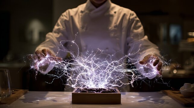 A chef in a white coat stands behind a table with a mysterious electrical device emitting bright purple sparks.