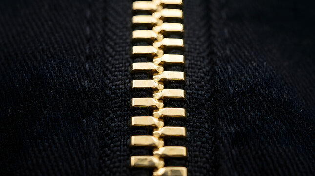 gold zipper on black fabric close up view of metal teeth and textile