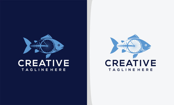 versions of a creative logo with fish and abstract elements for branding purposes