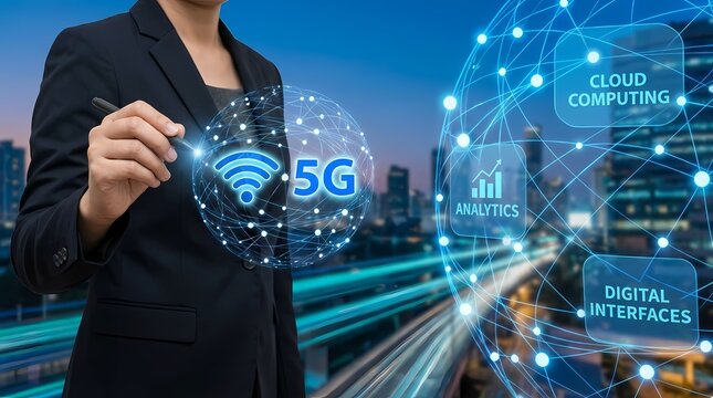 5G Network Technology and Cloud Computing Concept with Businesswoman Using Futuristic Interface