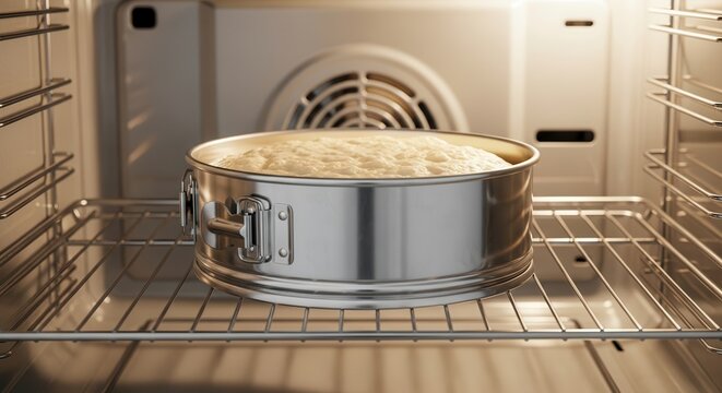 Baking cake batter in a springform pan inside a modern oven.