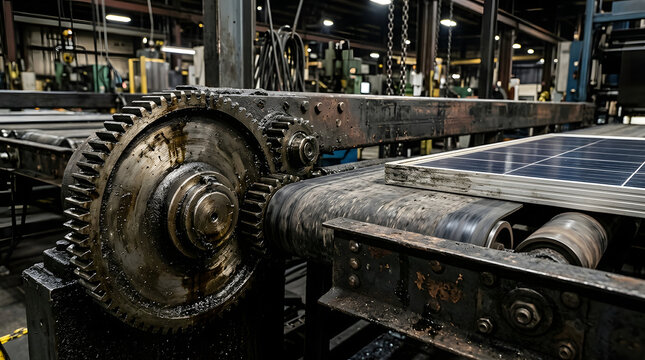 industrial conveyor belt with gears transporting a solar panel in a factory setting
