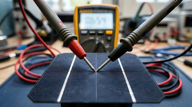 solar panel testing with multimeter and probes close up shot
