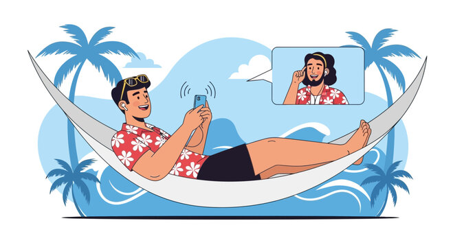 Man relax in hammock video call on phone at tropical vacation beach