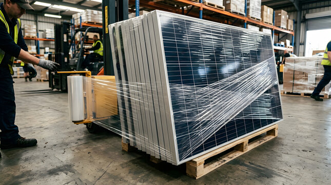 stacked solar panels on a pallet being wrapped in plastic film in a warehouse