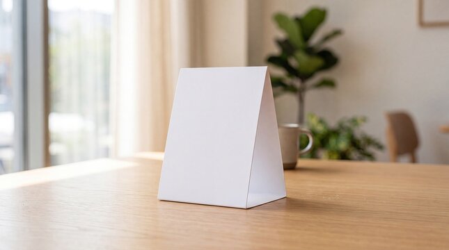 Blank tent card on wooden table in a bright indoor setting.