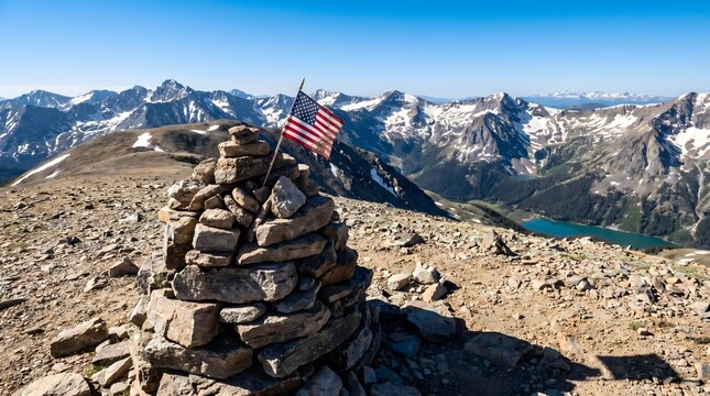 American flag on stone cairn atop high mountain peak overlooking range and turquoise lakes.