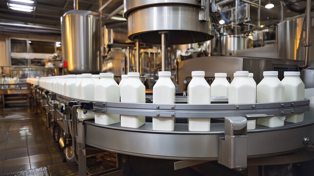 dairy factory's automated milk production line. White milk cartons traveling on a conveyor belt against the backdrop of machinery and industrial stainless steel tanks