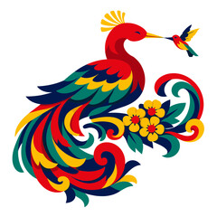 Fototapeta premium Beautiful Phoenix Bird Folk Art Mythical Firebird Vibrant Peacock Feather Colorful Hummingbird Harmony Gold Floral Blossom Scrollwork Exotic Wildlife Creature Graphic Illustration Design 