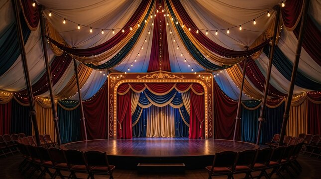 Colorful circus stage with drapes and lights, perfect for performances and entertainment.