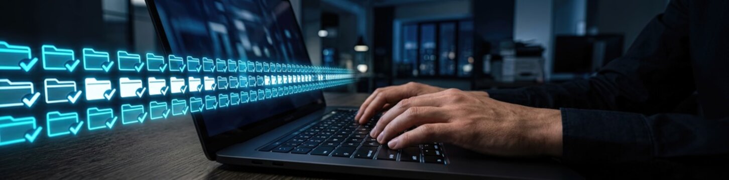 Data transfer action on laptop modern office environment digital content type night viewpoint technology concept for enhanced productivity