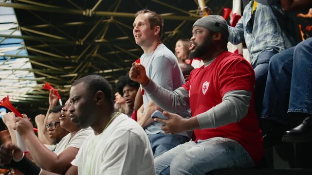 Diverse fans celebrating a winning ticket for live betting after final whistle, dramatic football match filled with tension and excitement, friends celebrate lucky win on betting app, adrenaline.