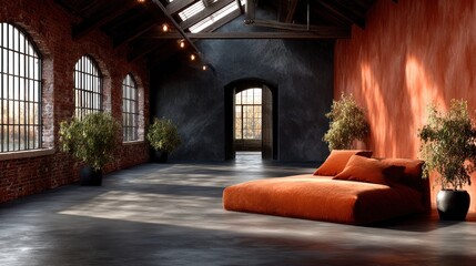 Fototapeta premium Loft interior with large windows, an orange lounge, brick walls, and plants