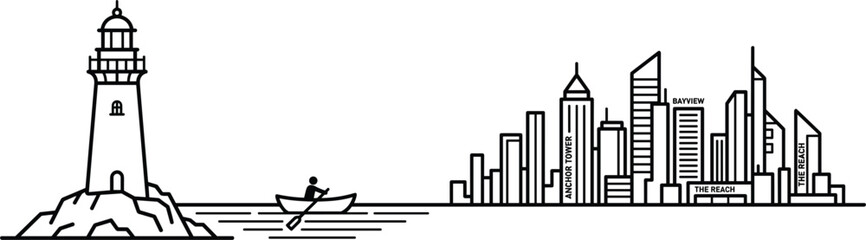 Obraz premium Coastal city skyline panorama vector line art with lighthouse rowing boat and skyscrapers