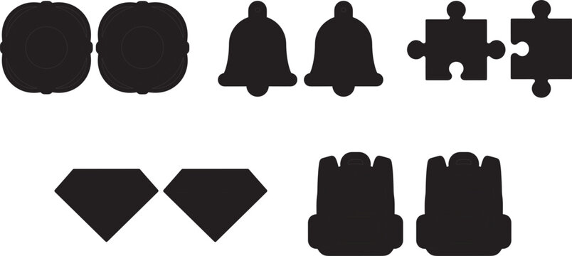 Find differences game black silhouette elements with lifebuoy, bell, puzzle, diamond and backpack icons.