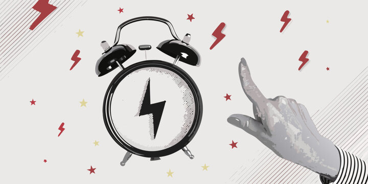 Alarm clock illustration with lightning bolts and a pointing hand