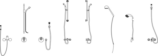 Technical architectural drawing collection showing various bathroom shower system configurations including slider bars, handheld showers, and wall-mounted fixtures. © Riki
