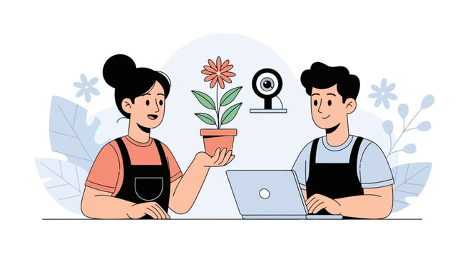 People gardening online, video call, hybrid learning concept