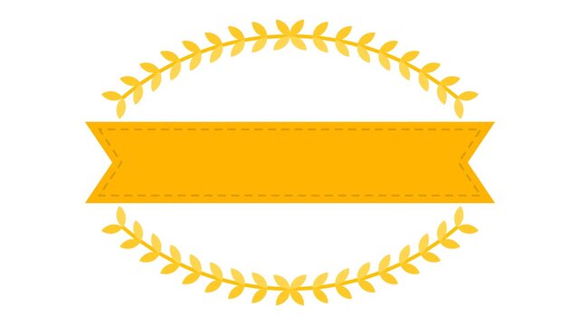 Premium symmetrical golden laurel wreath with a classic horizontal ribbon banner, featuring organically growing leaves and a dashed stitching border on a white background.