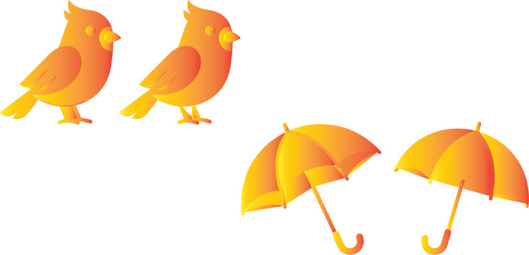 Find differences game elements with golden orange gradient birds and umbrellas vector icons set.