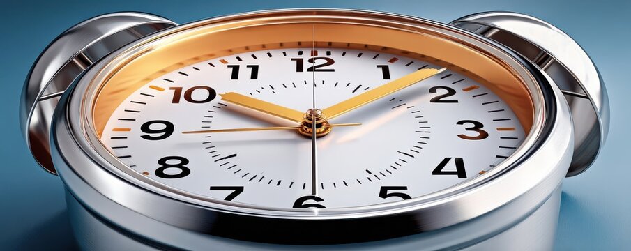 Close-up of an alarm clock showing ten o'clock with metallic case and gold hands conveying time and urgency