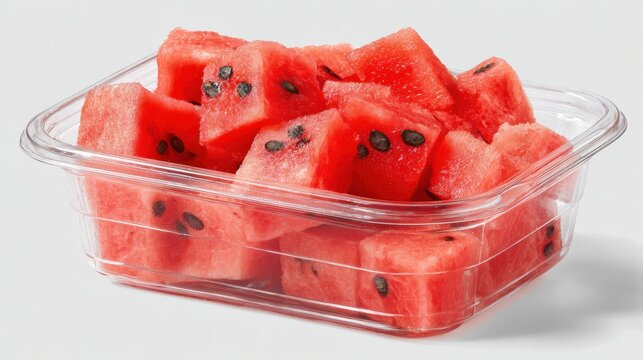 Fresh-Cut Fruit Cubed watermelon pieces displayed in a clear plastic container on a white background.