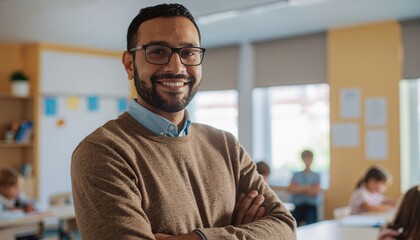 Obraz premium Portrait of confident man teacher standing in elementary classroom and smiling. Young indian teacher wearing spectacles while looking at camera with crossed arms