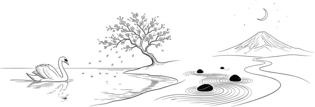 Hand drawn Japanese zen landscape vector line art swan cherry blossom tree rock garden Mount Fuji