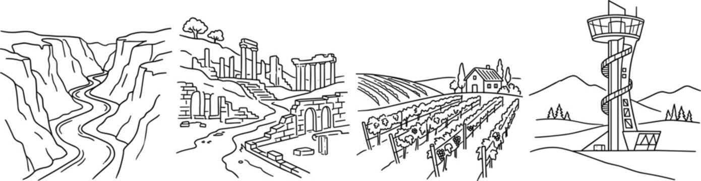 Hand drawn travel landscape set with river canyon ancient ruins vineyard estate and observation tower line art vector