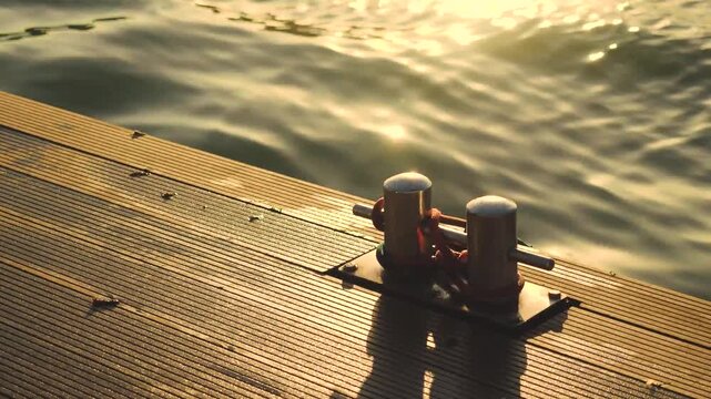 High-angle shot of a metallic mooring bollard on a wooden dock with gentle sea waves rippling in the background under the warm golden light of a scenic sunset reflection.