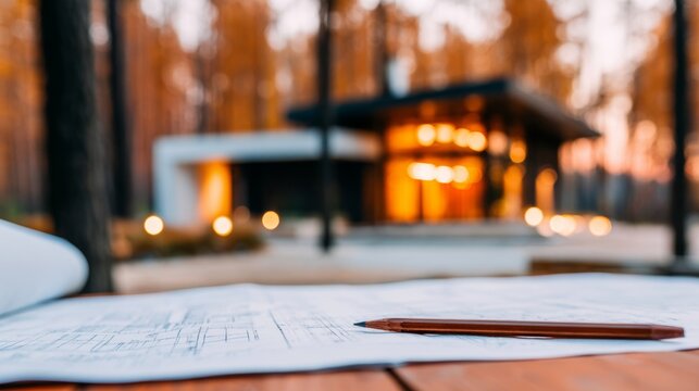 Blueprint and pencil on a wooden surface, planning a contemporary house. New home design materializing in the blurring background