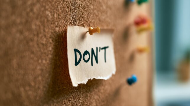 Cork board with a torn paper note featuring DON'T text, pinned by a yellow thumbtack, conveying concepts of warning and boundary
