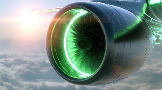 Advanced aircraft engine featuring bright green light, propelling modern aviation technology forward above a serene cloudscape at sunrise